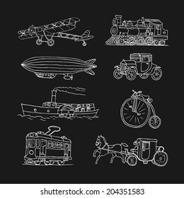 Retro transport. Old times. Airplane, locomotive, zeppelin, automobile, steamboat, bicycle, tram, diligence. Vector. Isolated on a black  background. Doodles. Sketch.