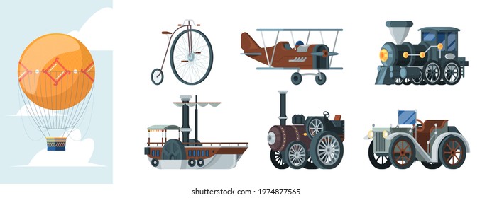 Retro transport. Old vintage vehicles in flat style cars trucks carriage airplanes garish vector cartoon illustrations