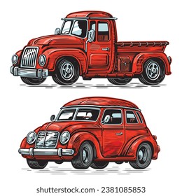 Retro transport set. Farm truck and passenger car. Vector illustration