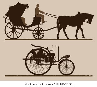 Retro transport silhouettes.
Silhouette of a horse-drawn carriage with a coachman. Retro car silhouette. Vector illustration.