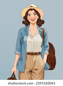 Retro Travel Art: Beautiful Woman Tourist Vector, Travel vintage illustration,