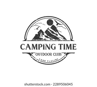 Retro travel badge  logo design with pine trees textured vector illustration