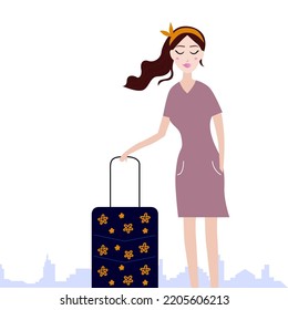 RETRO TRAVEL GIRL WITH LUGGAGE AND TOWN SILHOUETTE ISOLATED ON WHITE