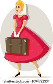 Retro Travel Girl Vector Cartoon. Classy elegant vintage woman with big luggage ready to runaway
