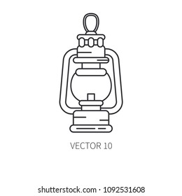 Retro travel kerosene gaslamp vector line icon. Summer travel vacation, tourism, camping equipment. Backyard classic rustic lunch. Outdoor family picnic sign and symbol. Nature trip. Hiking lifestyle