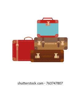 Retro travel luggage icon collection. Colorful flat cartoon. Tourist trip journey symbol. Vacation advertisement banner element. Design of vintage emblem transportation business. Vector illustration