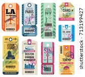 Retro travel luggage labels and baggage tickets with flight symbol vector collection. Luggage label tag registered illustration