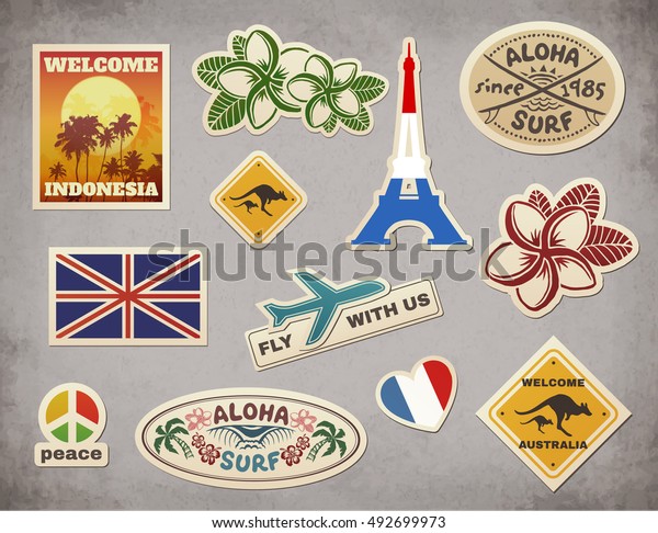 Retro travel luggage stickers vector set on\
grunge background