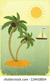 Retro Travel Postcard - Sea, Palm trees and Yacht on Vintage background. Vector Illustration.