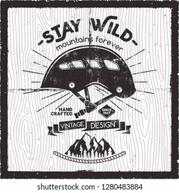 Retro travel poster design - Stay wild mountains forever quote. Old school Hand Drawn t Shirt Print Apparel Graphics. Typographic Custom text. Textured Stamp effect. Vintage Style. Vector card