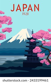 Retro Travel poster Japan Fuji mountain