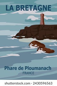 Retro Travel poster La Bretagne France Lighthouse