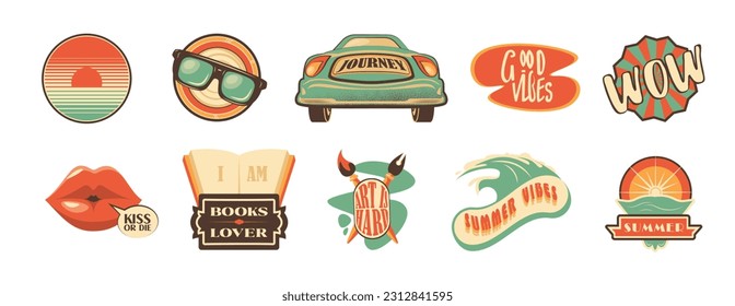 Retro travel sticker badge design for camp vector illustration. Vintage hippie car journey vacation adventure. Groovy comic quote about book lover, summer good vibes with glasses and kiss for print