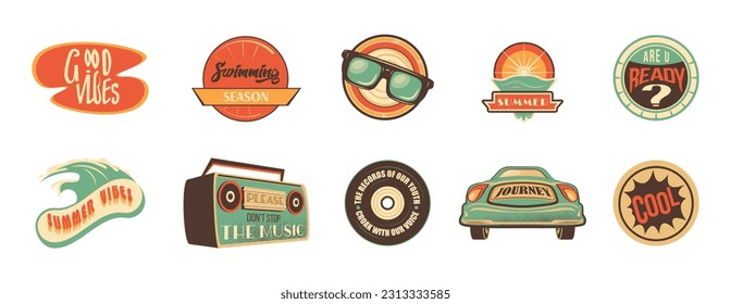 Retro travel sticker badge design for camp vector illustration. Vintage hippie car journey vacation adventure. Groovy comic quote about swimming season, summer good vibes with glasses and vinyl record