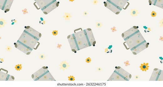 Retro travel suitcase pattern with flowers