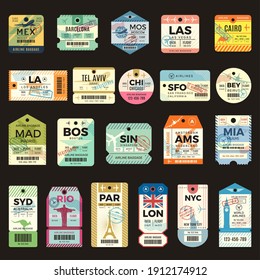 Retro travel tickets. Vintage tags for flight plane luggage ticket recent vector collection set