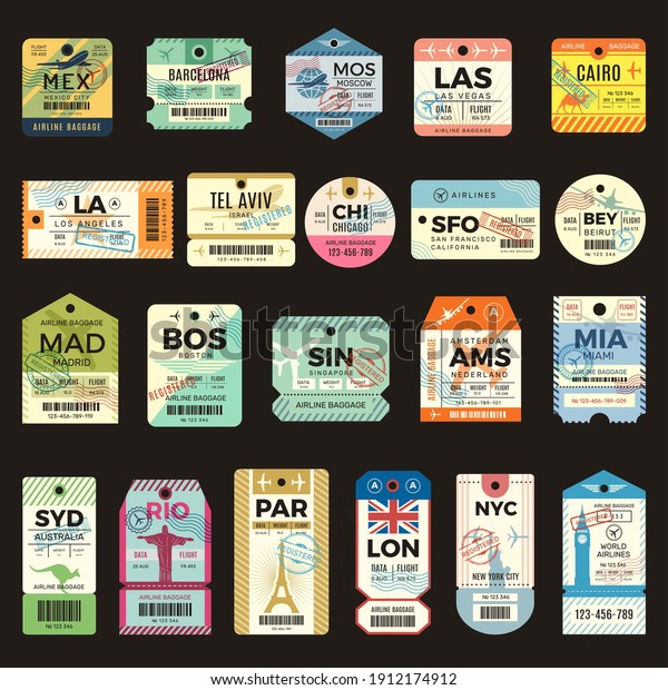Retro travel tickets. Vintage tags\
for flight plane luggage ticket recent vector collection\
set