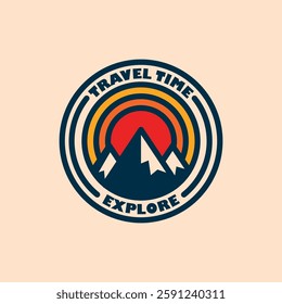 Retro Travel Time Badge Logo with Mountain and Sunset in Circular Design