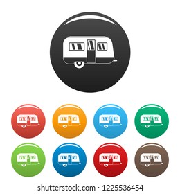 Retro travel trailer icons set 9 color vector isolated on white for any design