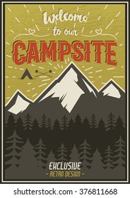 Retro travel typography poster with camping symbols - tent, mountains, forest. Vector typography design. Hand drawn Lettering poster with mountain, sunbursts for website or print