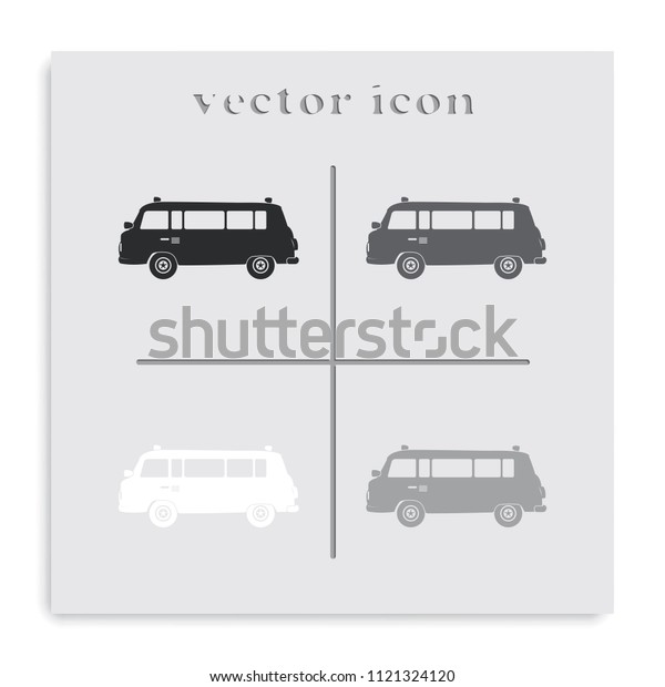 Retro travel van flat black and white\
vector icon. Vintage transport\
illustration.