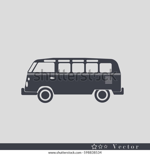 Retro travel  van icon. Surfer van. Vintage\
travel car. Old classic camper minivan. Retro hippie bus. Vector\
illustration in flat design \
