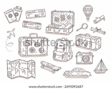 Retro travel vector set with hand-drawn outline icons: suitcase, backpack, map, passport, tickets, airplane, car, yacht, skateboard, and hot air balloon for travel-themed designs