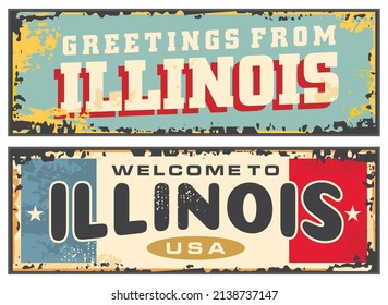 Retro travel vector tin sign Illinois United States. USA state Illinois vintage postcard layout. Welcome to Illinois road sign graphic design.