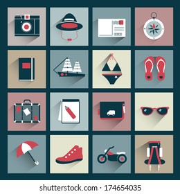 Retro traveler flat icon collection. Vector sign.