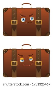 Retro traveling suitcase.  Happy and unhappy character illustrations.