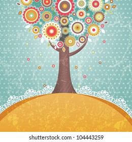Retro tree with flowers. EPS 10 vector illustration.