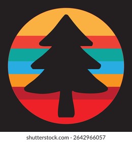 Retro Tree Silhouette on Colorful Striped Circle with Black Background