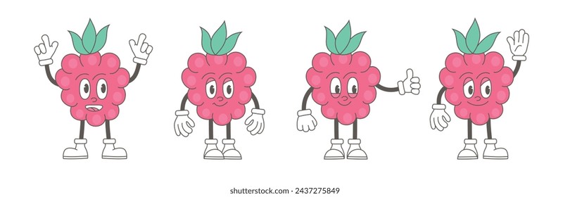 Retro trendige Cartoon-Frucht-Figuren. Modernes niedliches Comic-Maskottchen aus Erdbeeren mit glücklichem Lächeln Gesicht, Händen und Füßen.