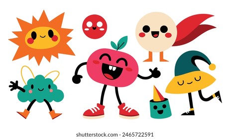 Retro trendy characters, comic sun and cloud, mascot running cherry, shape star with legs and hands, heart with funny face, vintage mushroom. Vector set on white background.