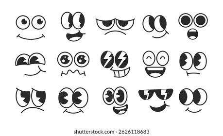 Retro trendy different expression with eyes and mouth face cartoon character collection.