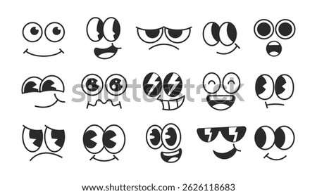 Retro trendy different expression with eyes and mouth face cartoon character collection.