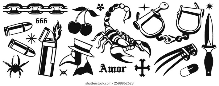 Retro trendy elements. y2k elements for des.gothic tattoo elements. Scorpion, lighter, handcuffs, knife, bullets, spider. grain effect vector illustration.