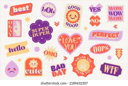 Retro Trendy Emotion Stickers Set. Hello. Good Mood. Love You. Super Duper. Thank You. OMG. Stickers Pack Or Icons Collection. Cool Patches Vector Design. 