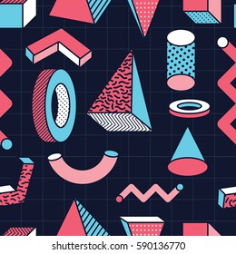 Retro and Trendy Geometric Shape Memphis Design Seamless Pattern. Wallpaper Background