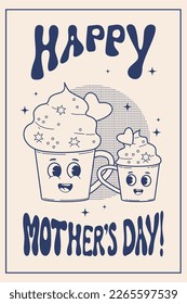 Retro trendy groovy cups with dessert. Cute mascot character family. Nostalgic poster Mothers Day Mom with baby with heart. Vector Illustration. Monochrome palette