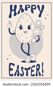 Retro trendy groovy easter egg and flowers power  Modern cartoon vintage character  Cute mascot food  Vector illustration  Happy Easter greeting vertical card  Monochrome palette