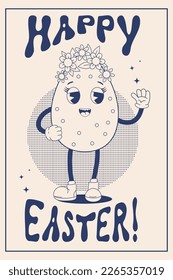 Retro trendy groovy easter egg in flower wreath. Modern cartoon character vintage cute mascot. Vector illustration. Happy Easter greeting vertical card. Monochrome palette