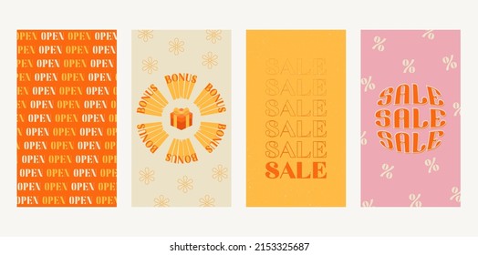 Retro Trendy Promotion. Set of abstract vintage template. New Arrival. Bonus. Sale. Best offer. Coming soon. 90s 80s 70s. Shopping stickers pack or icons collection. Vector illust