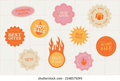 Retro Trendy Promotion Stickers Set. New Arrival. Bonus. Sale. Best offer. Coming soon. Shopping stickers pack or icons collection. Vector illustration