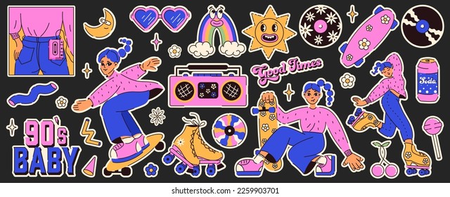 Retro trendy stickers set in 90s style. Cool girl characters on skate and roller. 90s baby. Nostalgia for old aesthetic 90s -2000s. Y2K. Vector illustration