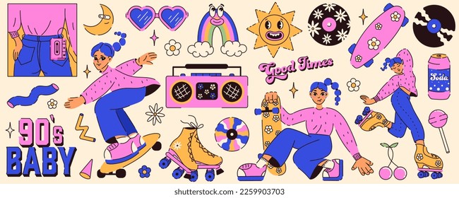 Pegatinas de moda retro con un estilo de los años 90. Personajes geniales de chicas en patinaje y rodillo. Niño de los 90. Nostalgia por la vieja estética de los años 90-2000. Y2K. Ilustración del vector