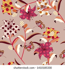 Retro Trendy Vector floral seamless pattern on colorful pop art style fill-in with polka dot and striped, design for fashion,wallpaper,fabric,web and all prints on light brown background 