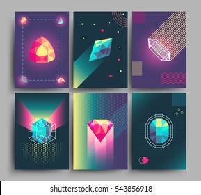 Retro trendy vector hipster posters, 3d card with crystals, abstract geometric shapes