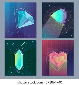 Retro trendy vector hipster posters, card with crystals, abstract geometric shapes. Bright backgrounds set of neon space 80s