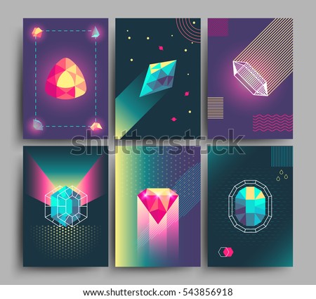 Retro trendy vector hipster posters, 3d card with crystals, abstract geometric shapes